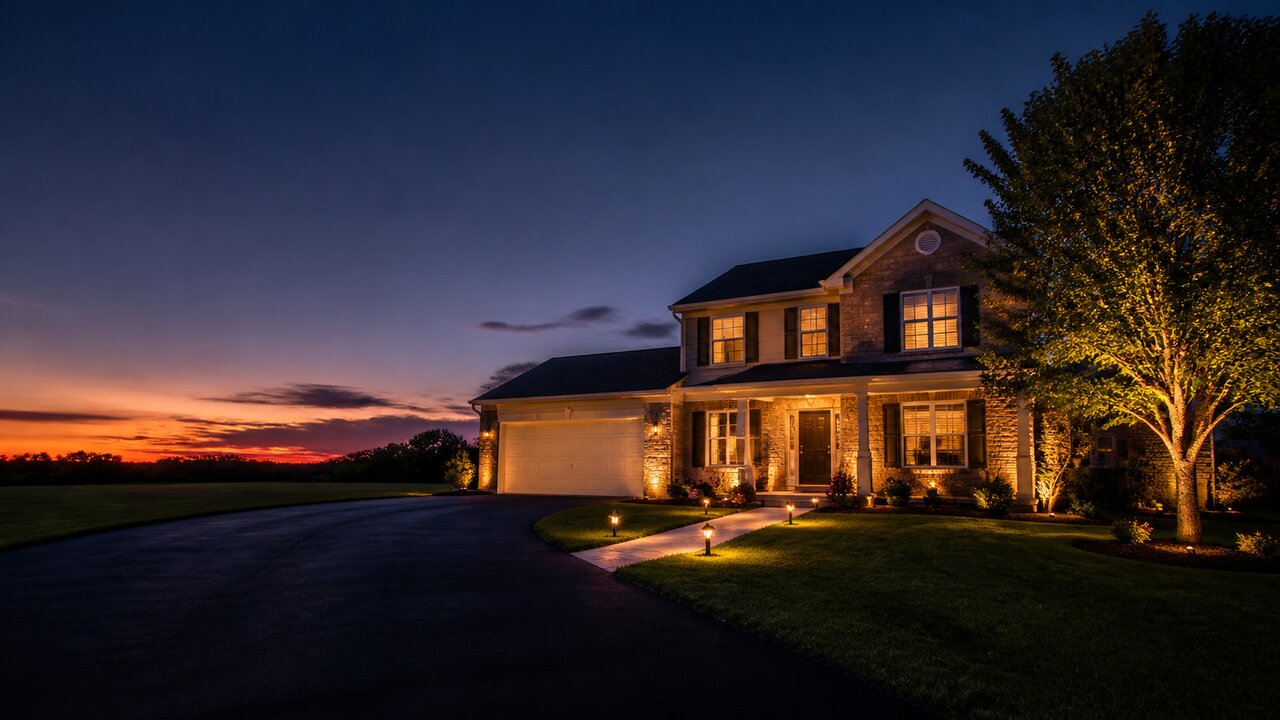 Twilight view of an upscale Cincinnati home illuminated with warm amber landscape lighting