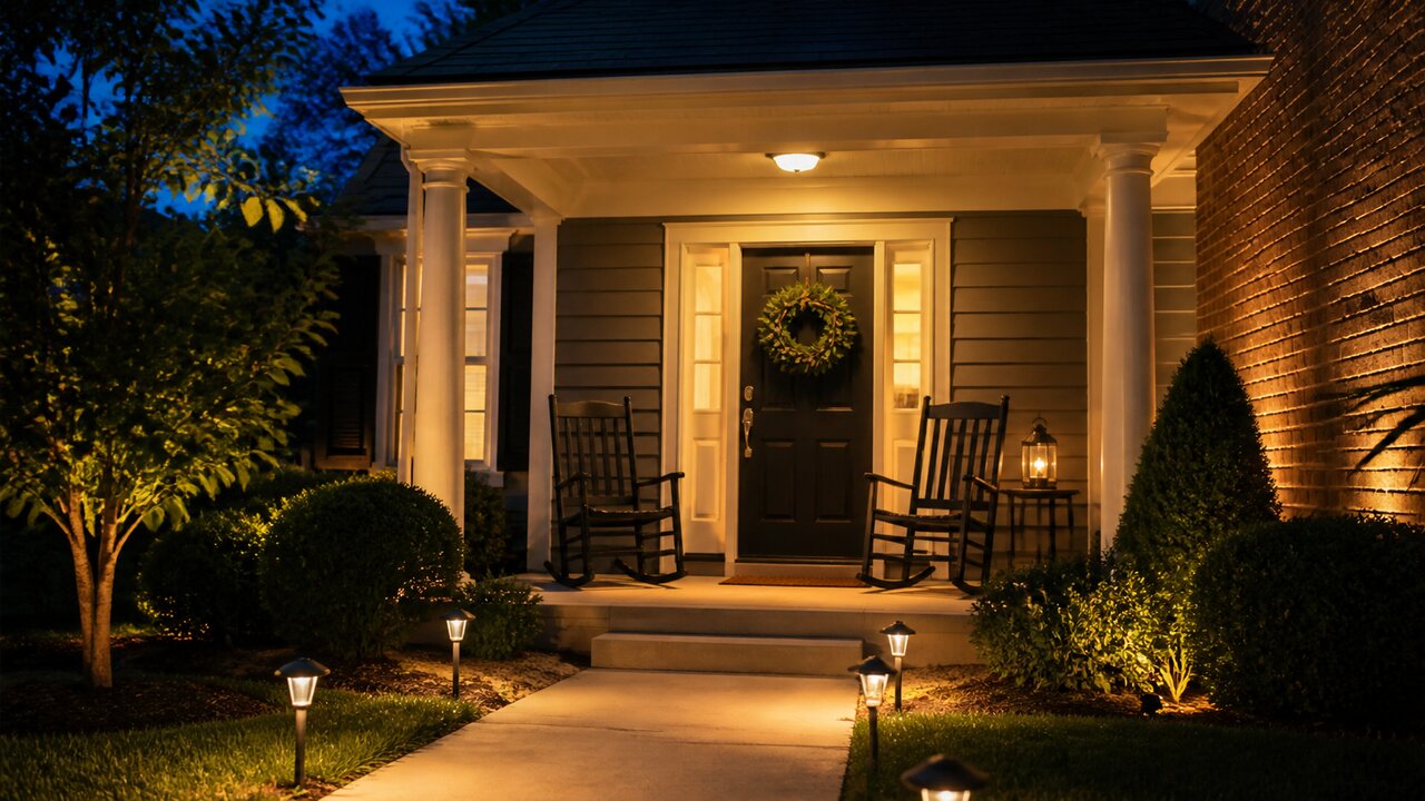 Welcoming front entrance of an upscale Cincinnati home at twilight, illuminated by warm amber porch and path lighting