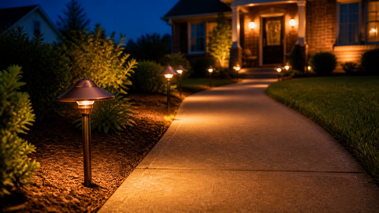 A curved stone walkway at twilight, lined with elegant brass path lights casting soft warm pools of amber light onto natural flagstone, leading toward an upscale brick home