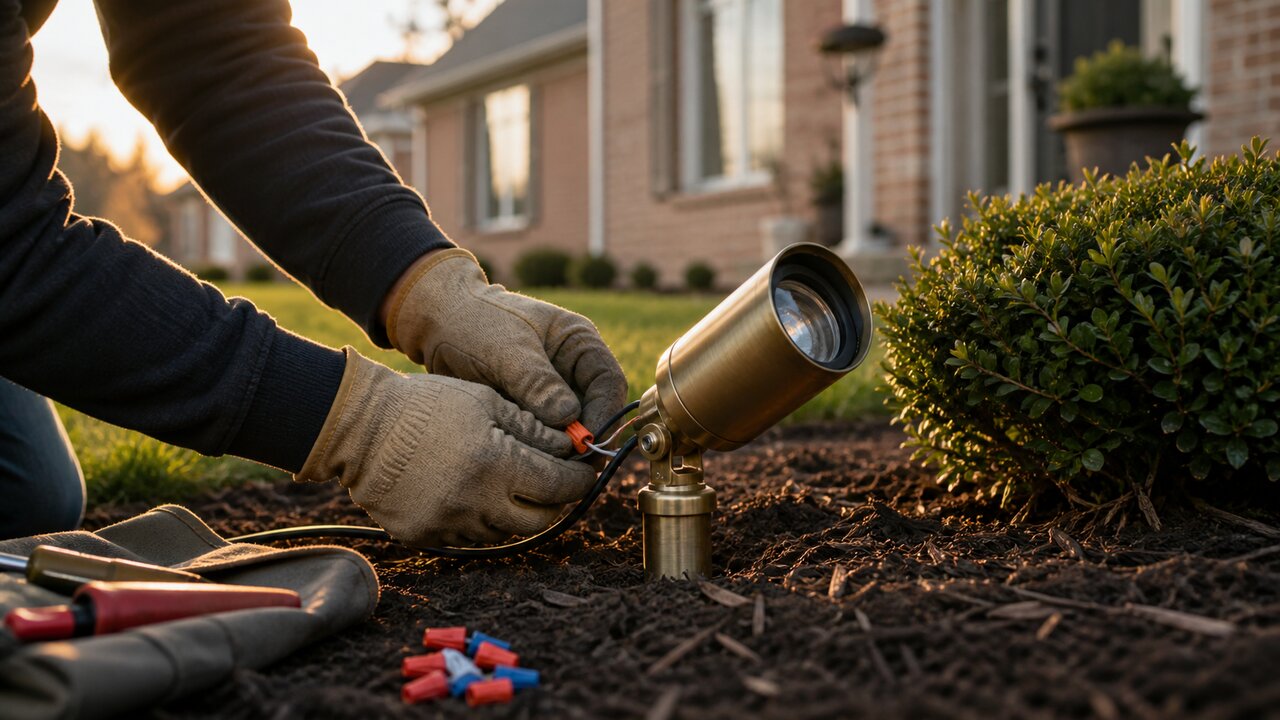Close-up of a premium brass landscape lighting fixture being installed at twilight, with low-voltage cable and silicone-filled splice in the foreground