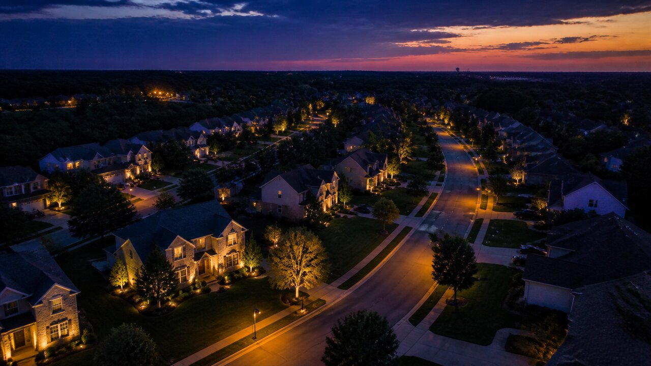 Aerial twilight view of an upscale Greater Cincinnati neighborhood with multiple homes illuminated by warm-amber landscape lighting