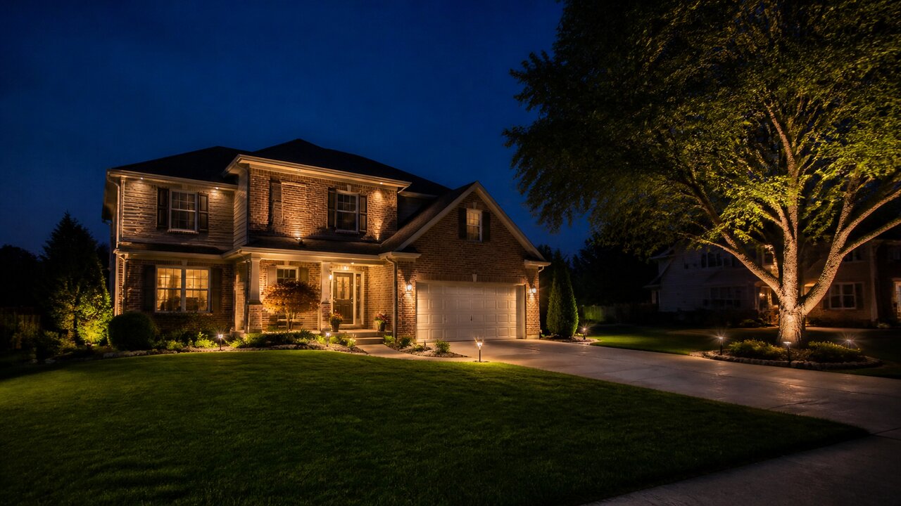 Upscale Cincinnati estate at twilight illuminated by a complete layered outdoor lighting system: architectural uplighting, path lights, and tree lighting
